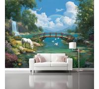 Hand Drawn Nature Wallpaper, Non Woven Wall Murals, 400 x 280 cm (W x H) | Forest Waterfall Flowers White Horse Wall Murals, for Living Room Kitchen Dining Room Bedroom Home Decor Wallpaper
