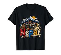 Hand Drawn Nepal Travel Souvenir Landmark Gift Value Graphic T-Shirt, Men, Black, M