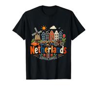 Hand Drawn Netherlands Travel Souvenir Landmark Gift Value Graphic T-Shirt, Men, Black, M
