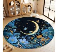 Hand-Drawn Night Sky Moon Stars Butterflies Round Rugs 60 cm Area Rug Washable Moisture Barrier Round Carpet, Black Soft Non-Slip Low Pile Circle Carpet - Entryway Office Bedroom Living Room Runner