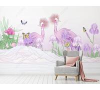 Hand Drawn Ostrich Purple Flowers Butterfly 3D Wallpaper Easy Install Feature Office Living Room Sofa Bedroom TV Background Wall Decoration-250cm×170cm
