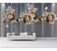 Hand Drawn Retro Line Peony Flower Butterfly 3D Wallpaper Silky Texture Home Study Office Grey Dining Room Sofa Bedroom Living Room TV Backdrop-300cm×210cm