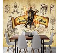 Hand Drawn Retro Skull Avatar Sailboat Art 3D Wallpaper Premium Textured Silk Study Dining Living Room Bedroom Sofa TV Wall Easy Install-350cm×256cm