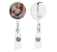 Hand Drawn Rooster Retractable Badge Reel - Personalized ID Name Badge Holder with Lanyard Cute Badges Reel Holder Round Nurse Doctor Name Tag Badges Clip for Work