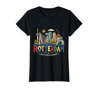 Hand Drawn Rotterdam Netherlands Travel Landmark Gift Value Graphic T-Shirt, Women, Black, L
