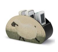 Hand Drawn Sheep Remote Control Holder with 5 Compartments Modern PU Leather Nightstand Caddy Organizer Leather Control Storage TV Remote Control Organizer Box