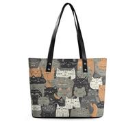 Hand Drawn Style Cat Tote Bag Large Soft Leather Purse with Zipper Lightweight Ladies Shoulder Handbag