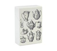 Hand Drawn Teapots and Cups Cigarette Case Plastic Box Normal Size Cigarette Holder Box Can Hold 20 Cigarettes King Size Cigarettes Box Cigs Protective Cover for Outdoor