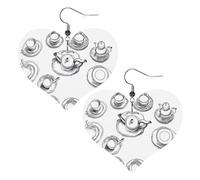 Hand Drawn Teapots and Cups Double-Sided Faux Leather Large Dangle Earrings for Women Heart-Shape Lightweight Spring Winter Decorative Earrings for Holiday Concert Party Decor Gifts