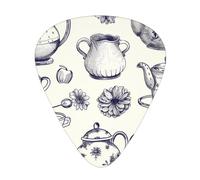 Hand Drawn Teapots and Cups Print Guitar Picks 12-Pack - Assorted Thickness Picks (0.46mm, 0.71mm, 0.96mm) with Storage Box & Assorted Unique Design for Acoustic, Electric, Bass, and Ukulele Players