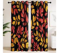 Hand-Drawn Theme Curtains 100% Blackout, Yellow Orange Windows Drapes, Insulated Thermal Eyelet Blackout Curtains Autumnal Botanical Falling Leaves Vintage Home Decor W 52" x L 72"