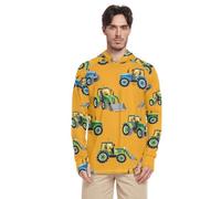Hand Drawn Tractor Yellow Men's Sun Shirt Hoodie Long Sleeve UPF 50 Mens Sun Shirt Hooded Rashguard for Men Sun