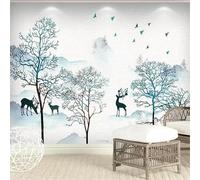 Hand Drawn Trees Animals Elk Flying Birds 3D Wallpaper Easy Install Feature Office Living Room Sofa Bedroom TV Background Wall Decoration-350cm×256cm