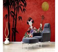 Hand Drawn Vintage Bamboo Grove Woman Moon Flying Birds 3D Wallpaper Silky Texture Home Study Office Grey Dining Room Sofa Bedroom Living Room TV Backdrop-350cm×256cm