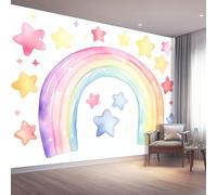 Hand Drawn Watercolor Rainbow Stars Photo Mural Wallpaper Colorful Photo Wallpaper 3D Effect, 200 x 140 cm Non-Woven Wall Mural Home Bedroom Living Room Tv Background Poster Decoration