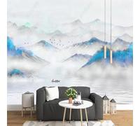 Hand Drawn Watercolour Mountain Peaks Mist Flying Birds Small Boat 3D Wallpaper Premium Textured Silk Study Dining Living Room Bedroom Sofa TV Wall Easy Install-350cm×256cm