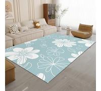 Hand Drawn White Line Flowers Print Small Throw Rugs Modern Indoor Rug, Non-Slip Light Blue Art Area Rug Soft Durable 60 X 120cm Carpet Washable Floor Carpet For Home Decoration Bedroom Entryway,