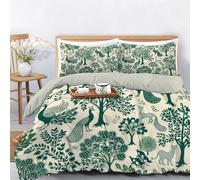 Hand-Drawn Wild Animals Duvet Cover Set, Super Soft Breathable Microfibre Forest Peacock Leopard Printed Green Quilt Covers with 2 Pillowcases, Warm Cosy Reversible Double Bedding Set 200x200 cm