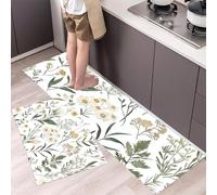 Hand Drawn Wildflowers Kitchen Rug Set 2 Pieces, Non-Slip and Washable Kitchen Runner Mat Floral Watercolors Standing Mats for Hallway, Dining Room and Entryway - 40x60cm+40x120cm, Sage Green
