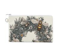 Hand Drawn Wreath And Bee Canvas Coin Purse, Portable Zippered Change Pouch for Women, Small Wallet for Coins Keys Cards Lipstick