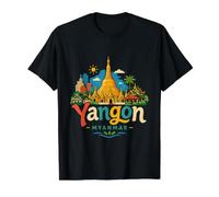 Hand Drawn Yangon Myanmar Travel Souvenir Landmark Gift Value Graphic T-Shirt, Men, Black, S