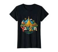 Hand Drawn Yangon Myanmar Travel Souvenir Landmark Gift Value Graphic T-Shirt, Women, Black, M