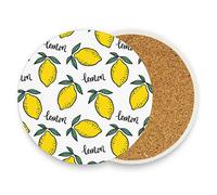 Hand Drawn Yellow Lemons Green Leaves Seamless on White Set of 2 Ceramic Coaster for Drinks, Stone Coasters Holder with Cork Base, Oversize Cup Mat Pad for Kinds of Mugs, Housewarming Gifts