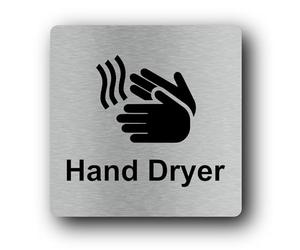 Hand Dryer Sign, Aluminium Self-Adhesive UV Printed, Metallic Silver Restroom Instructional Signage, Peel and Stick Indoor Outdoor Business Wall Sign, 145mm x 145mm