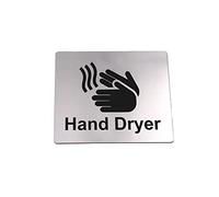 Hand Dryer Sign Waterproof Adhesive Sticker Notice, Metallic Silver Engraved Black with Universal Icon Symbol and Text (Size 12cm x 10cm) Shipped Globally