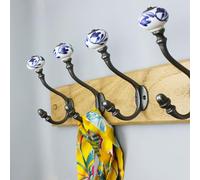 Hand Finished Blue Leaf Ceramic Coat Hooks - Pack of 4