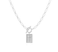 Hand-Forged Faith-Cross Pendant Paperclip Chain Necklace, 14k Gold Plated Cross Christian Pendant with T-bar Clasp, Rectangle Cross Necklace Religious Jewelry for Faith (Silver)