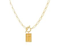 Hand-Forged Faith-Cross Pendant Paperclip Chain Necklace, 14k Gold Plated Cross Christian Pendant with T-bar Clasp, Rectangle Cross Necklace Religious Jewelry for Faith (Gold)
