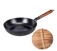 Hand Forged Iron Pan - Uncoated Searing, Thick Hammered Skillet | Traditional Non Stick Stir Fry Pot with Wooden Lid for Home Kitchen Restaurant Indoor Outdoor Picnics Grilling Barbecue