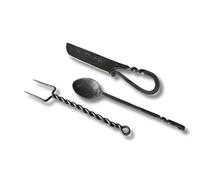 Hand-Forged Medieval Cutlery Set - 3-Piece Blacksmith Dining Utensils | Portable Eating Accessories for Camping, Travel, Outdoor Feasts & Workplaces