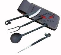 Hand Forged Medieval Cutlery Set, Kitchen Utensils Eating Tools, Viking Flatware Set with Leather Case Best Gitf for Halloween