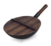 Hand Hammered Cast Iron Wok Nonstick StirFry Pan with Wooden Lid ChemicalFree Earless Design Perfect for Authentic Chinese Cooking and Japanese StirFrying