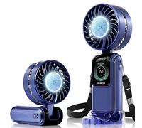 Hand Held Fan, Portable USB Rechargeable Turbo Fans with Ice Cooler, Quiet Personal Mini Handheld Fan 5 Speeds Led Display with Stand & Lanyard, Foldable Small Fans for Home Office Travel (Blue)