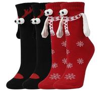 Hand Holding Socks, 2 Pairs Novelty Magnetic Holding Hands Socks with Big Eyes, Christmas Winter Warm Couple Socks, Funny Friendship Socks for Girlfriend, Boyfriend & Friends (Red+Black)