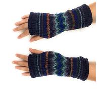 Hand Knit Fingerless Winter Striped Texting Gloves Warm Wool Fleece Lined - Blue - One Size Fits Most