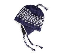 Hand Knit Sherpa Wool Hat with Micro Fleece Lining and Ear Flaps, Handmade Winter Toque, Christmas Beanie, Made in Nepal, Navy Blue and White, One Size-Large