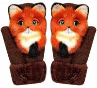 Hand-Knitted Pet Gloves,Cute Animal Mittens, Full Fingers Thickening Soft Winter Warm Mittens for Girls Women, Fox red, Child