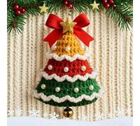 Hand-Knitted Tree Shape Bell Christmas Ornament with Gold Bells and Bow, Cotton Crochet Hanging Decor for Xmas Tree Home festive Decorations, 8x6x15cm