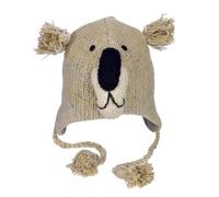 Hand Knitted Woolly Hat | Koala | Fun Wool Knit Fleece Lined Animal Hat for Men and Women | One Size Fits All | Wooly Winter Cap with Ear Warmers and Tassels Beige
