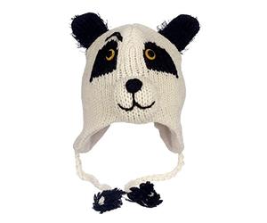 Hand Knitted Woolly Hat | Panda | Fun Wool Knit Fleece Lined Animal Hat for Men and Women | One Size Fits All | Wooly Winter Cap with Ear Warmers and Tassels Multicoloured