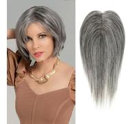 Hand Made Clip in Hair Topper 25cm Synthetic Straight Middle Part Wiglet for Women Adding Hair Volume 3"x4" Head Top Extension Hairpiece (Grey)