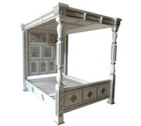 HAND MADE MAHOGANY Ancestral style Carved Four Poster Bed with full headboard and top canopy,W/S (4.6" FT)