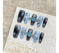Hand Made Nails-97-S, Handmade Press On Nails Long MouyouGlow, Ballerina Blue 3D Star Planets Cross Charms Chrome Cat Eye Magnetic Crystal Y2K Aestheitc Resuable Fake Nails, Handmade