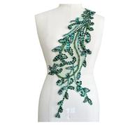 Hand-Made Rhinestone Lace Applique Sewn with Beaded Decorative Patch Dress Garment Accessory 1 Piece(Dark Green)