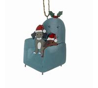 Hand made tin Christmas tree hanging decoration featuring 2 cheeky dogs on an armchair.