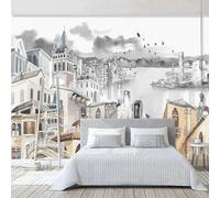 Hand Painted Abstract Art Architecture Birds River 3D Wallpaper Easy Install Feature Office Living Room Sofa Bedroom TV Background Wall Decoration-430cm×300cm